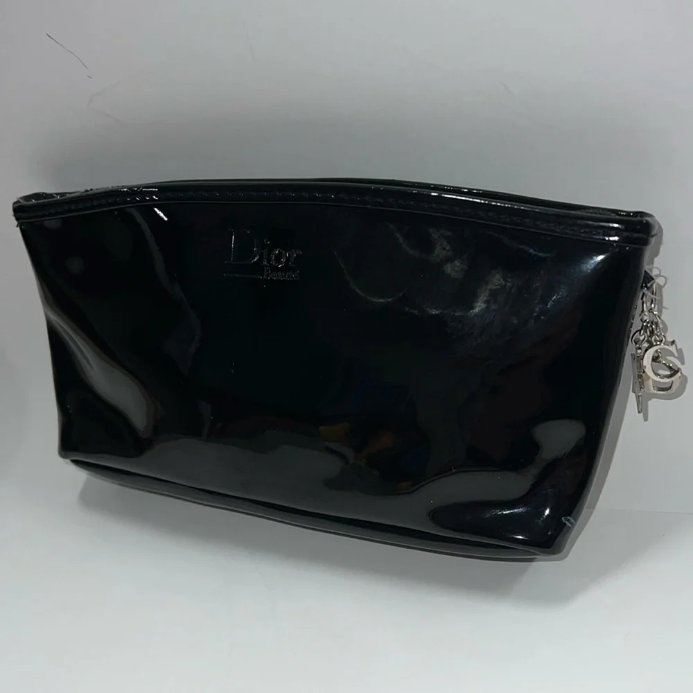Dior Christian Dior Black Patent Zip Cosmetic Clutch Pouch